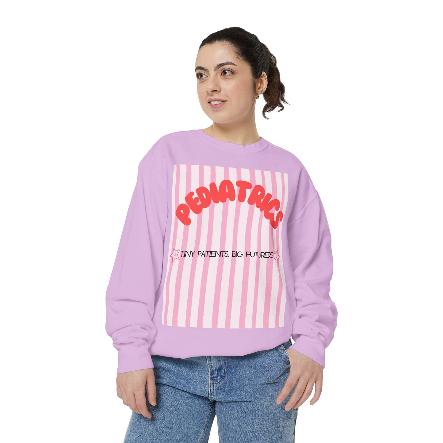 Pediatrics Sweatshirt — "Tiny Patients, Big Futures" Pink Stripe Crewneck