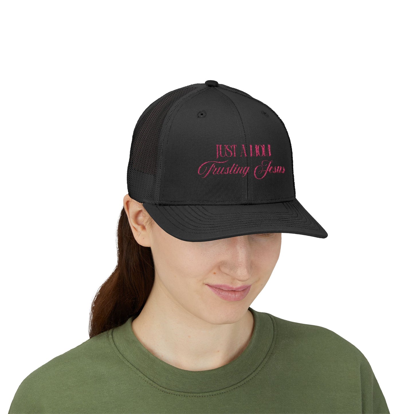 Trucker Cap — “Just a Mom Trusting Jesus” Embroidered Faith Snapback