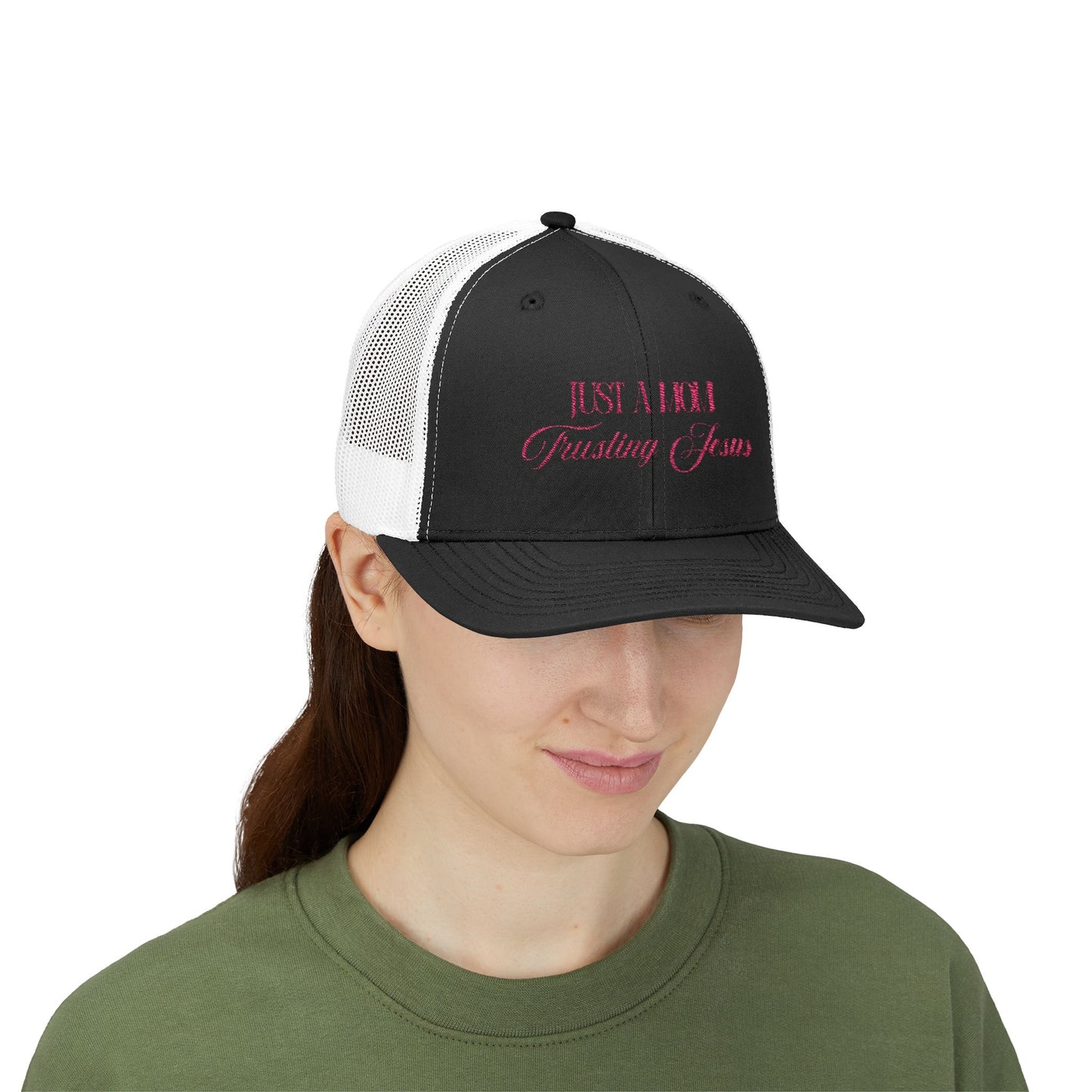 Trucker Cap — “Just a Mom Trusting Jesus” Embroidered Faith Snapback