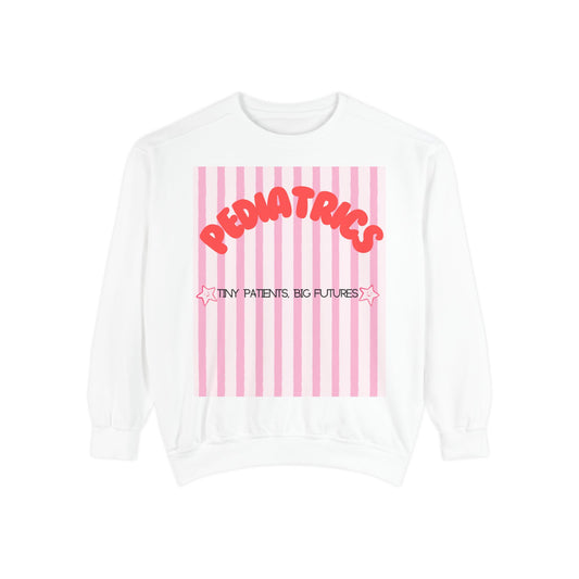 Pediatrics Sweatshirt — "Tiny Patients, Big Futures" Pink Stripe Crewneck