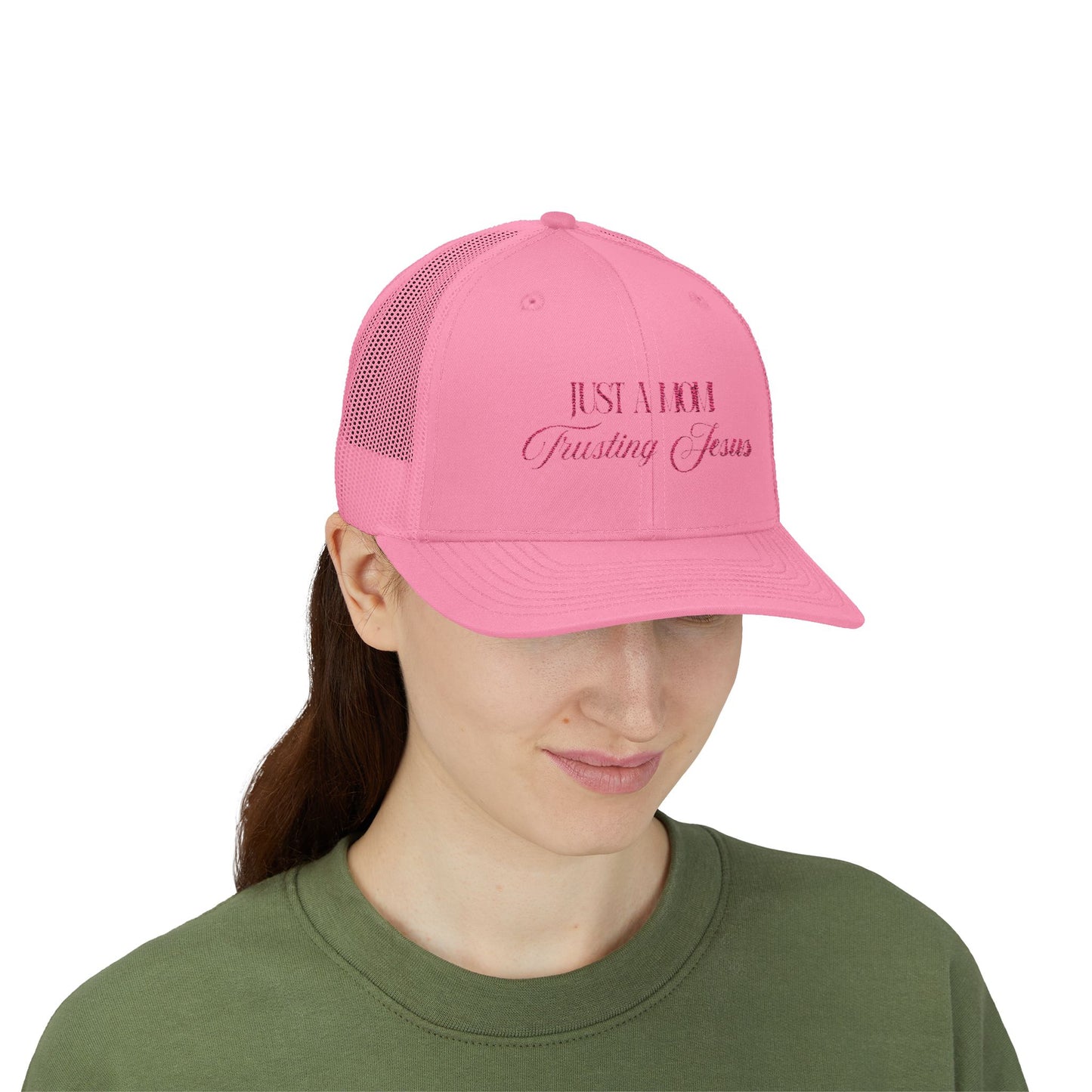 Trucker Cap — “Just a Mom Trusting Jesus” Embroidered Faith Snapback