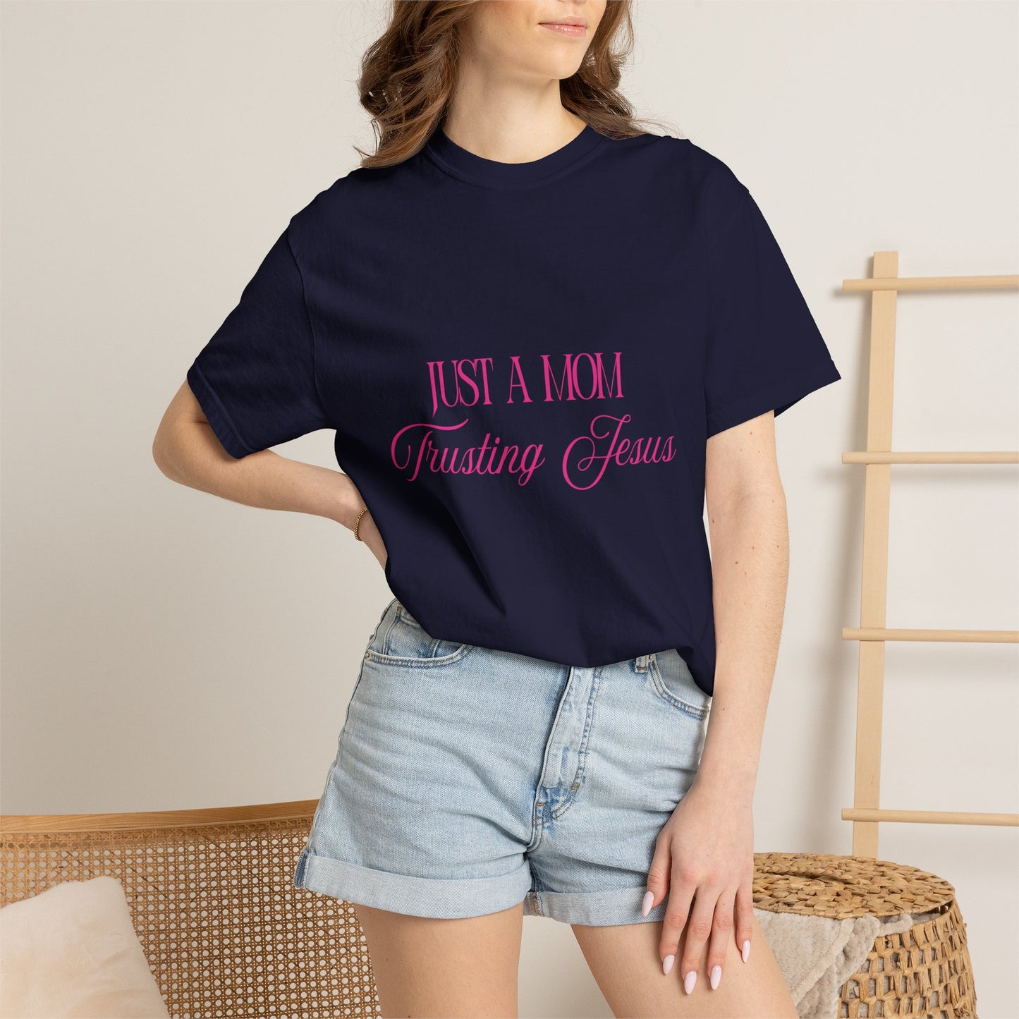 Religious T-Shirt - "Just A Mom Trusting Jesus" Pink Script Faith Tee