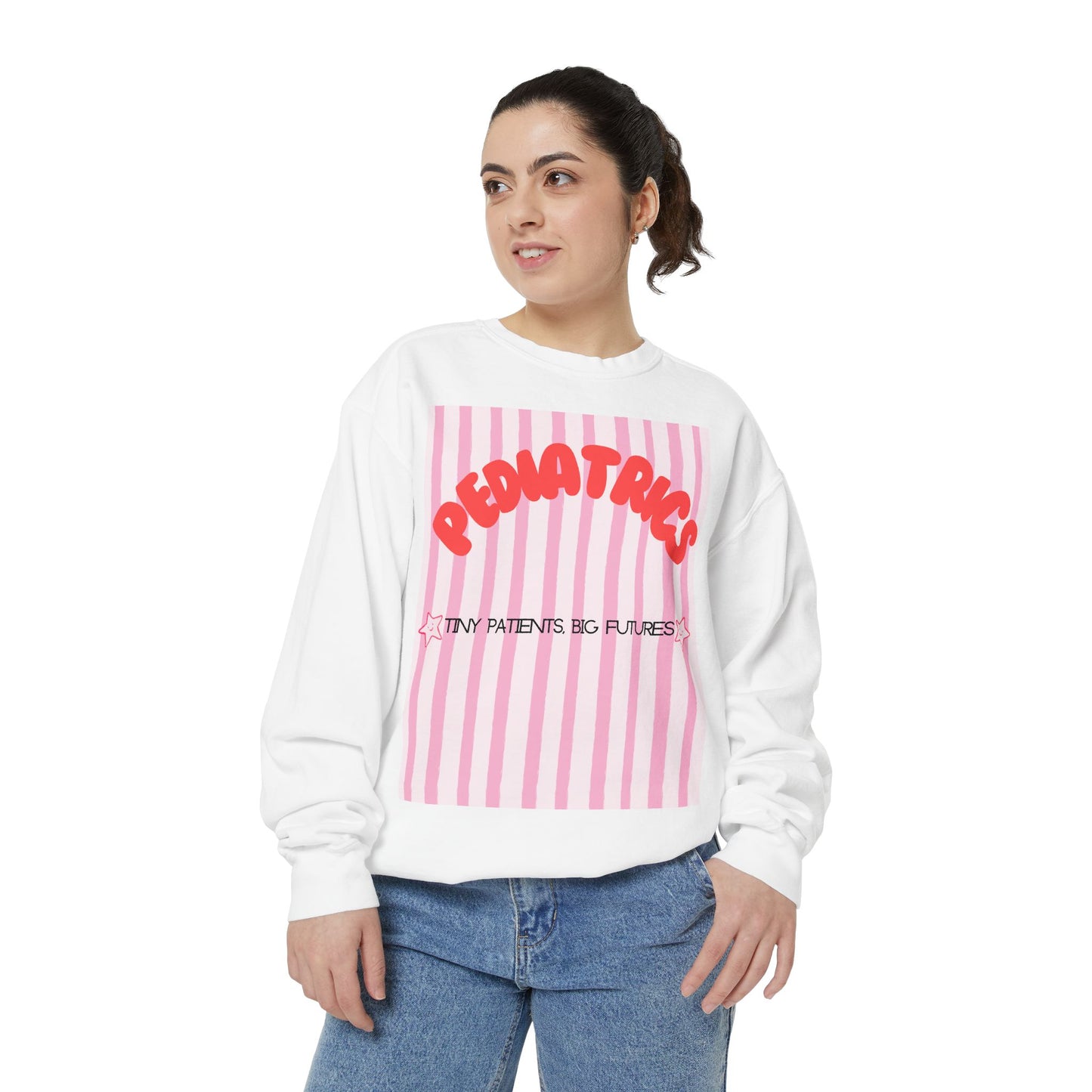 Pediatrics Sweatshirt — "Tiny Patients, Big Futures" Pink Stripe Crewneck