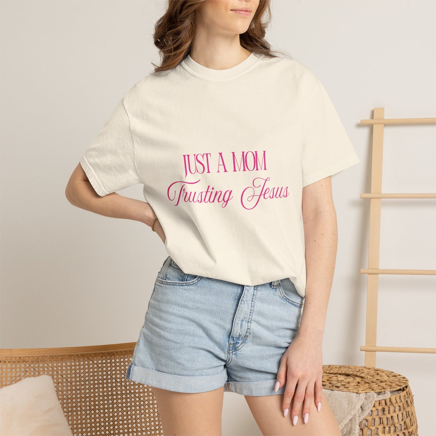 Religious T-Shirt - "Just A Mom Trusting Jesus" Pink Script Faith Tee