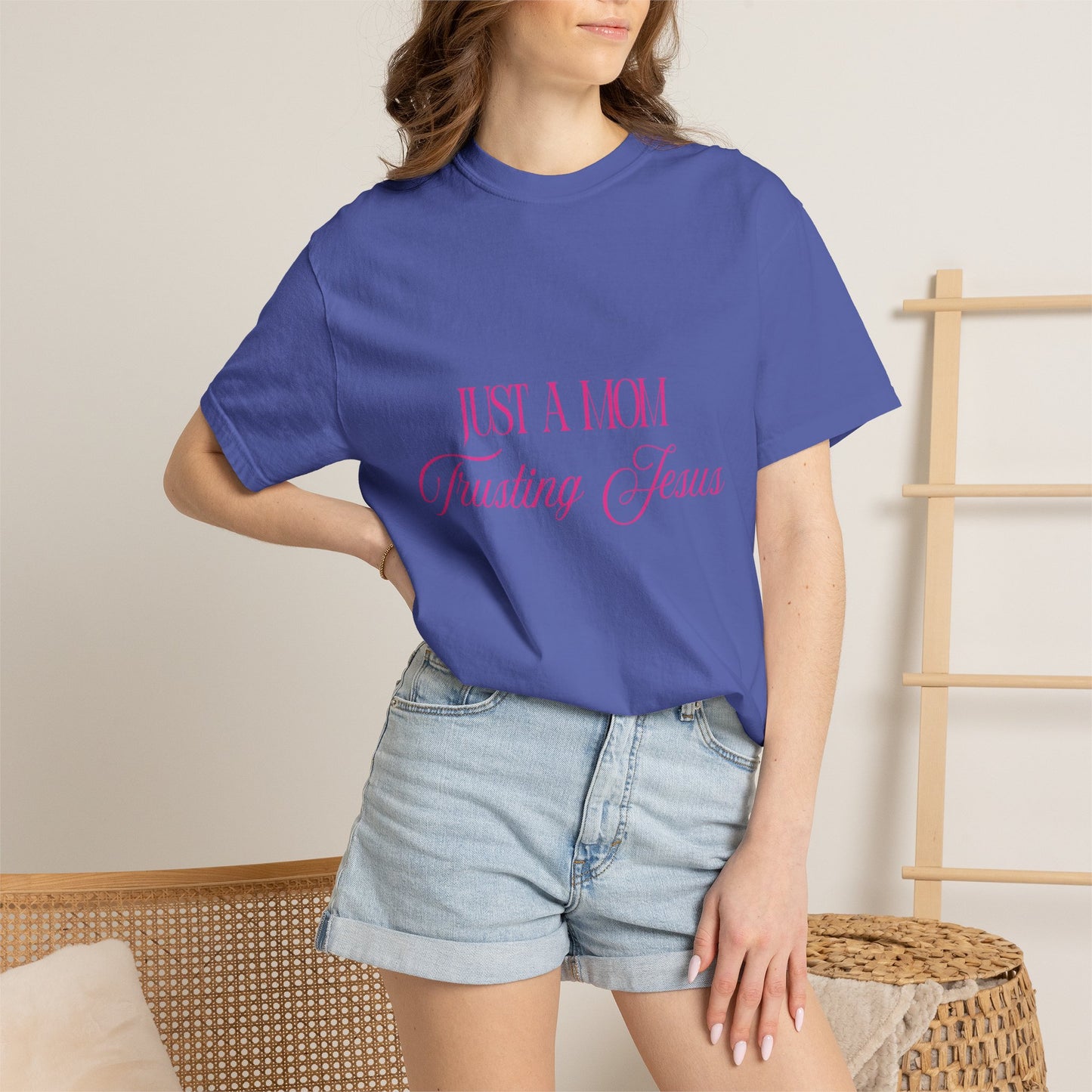 Religious T-Shirt - "Just A Mom Trusting Jesus" Pink Script Faith Tee