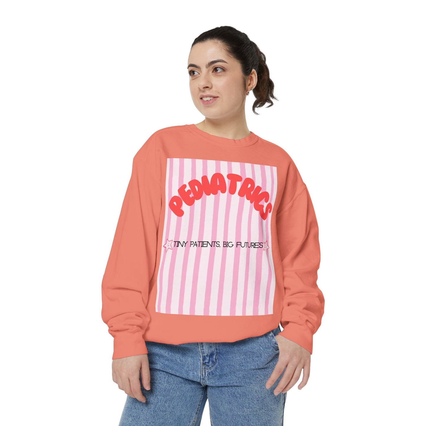 Pediatrics Sweatshirt — "Tiny Patients, Big Futures" Pink Stripe Crewneck