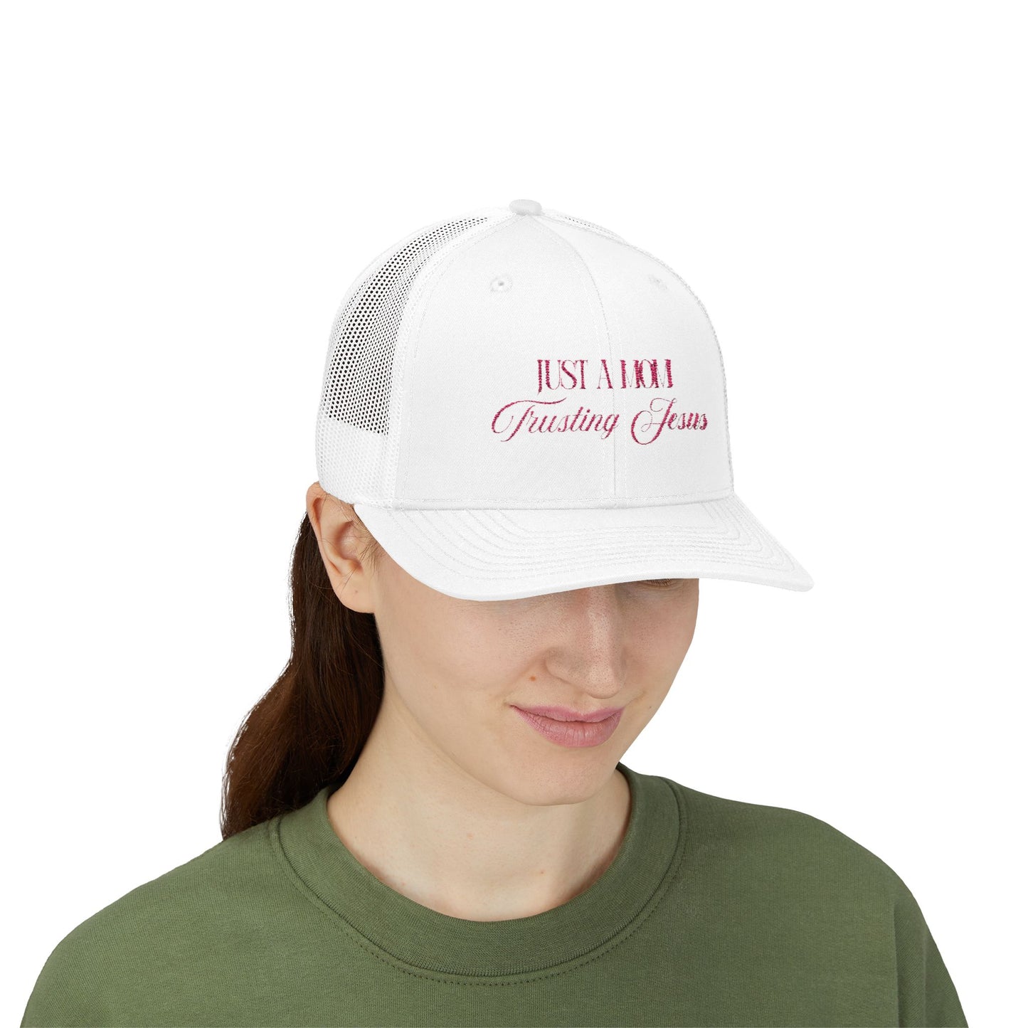 Trucker Cap — “Just a Mom Trusting Jesus” Embroidered Faith Snapback