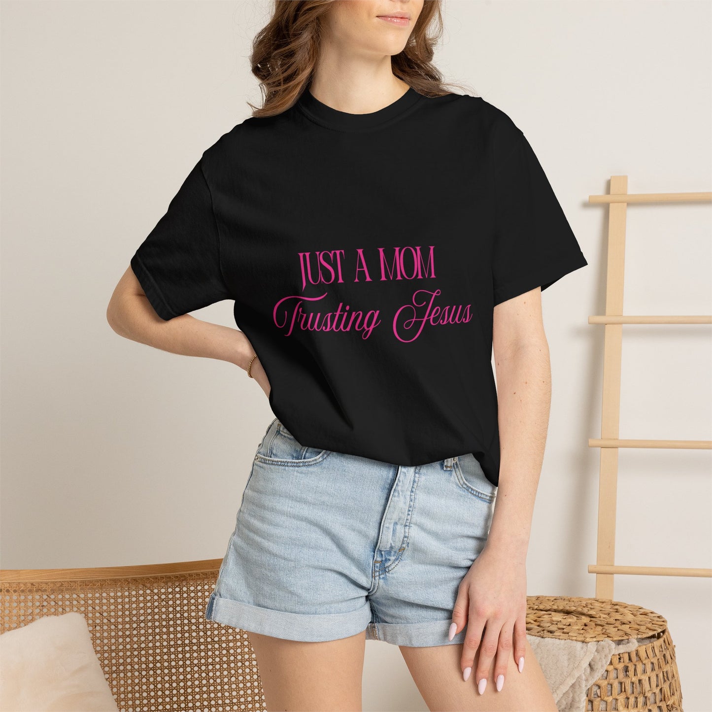 Religious T-Shirt - "Just A Mom Trusting Jesus" Pink Script Faith Tee
