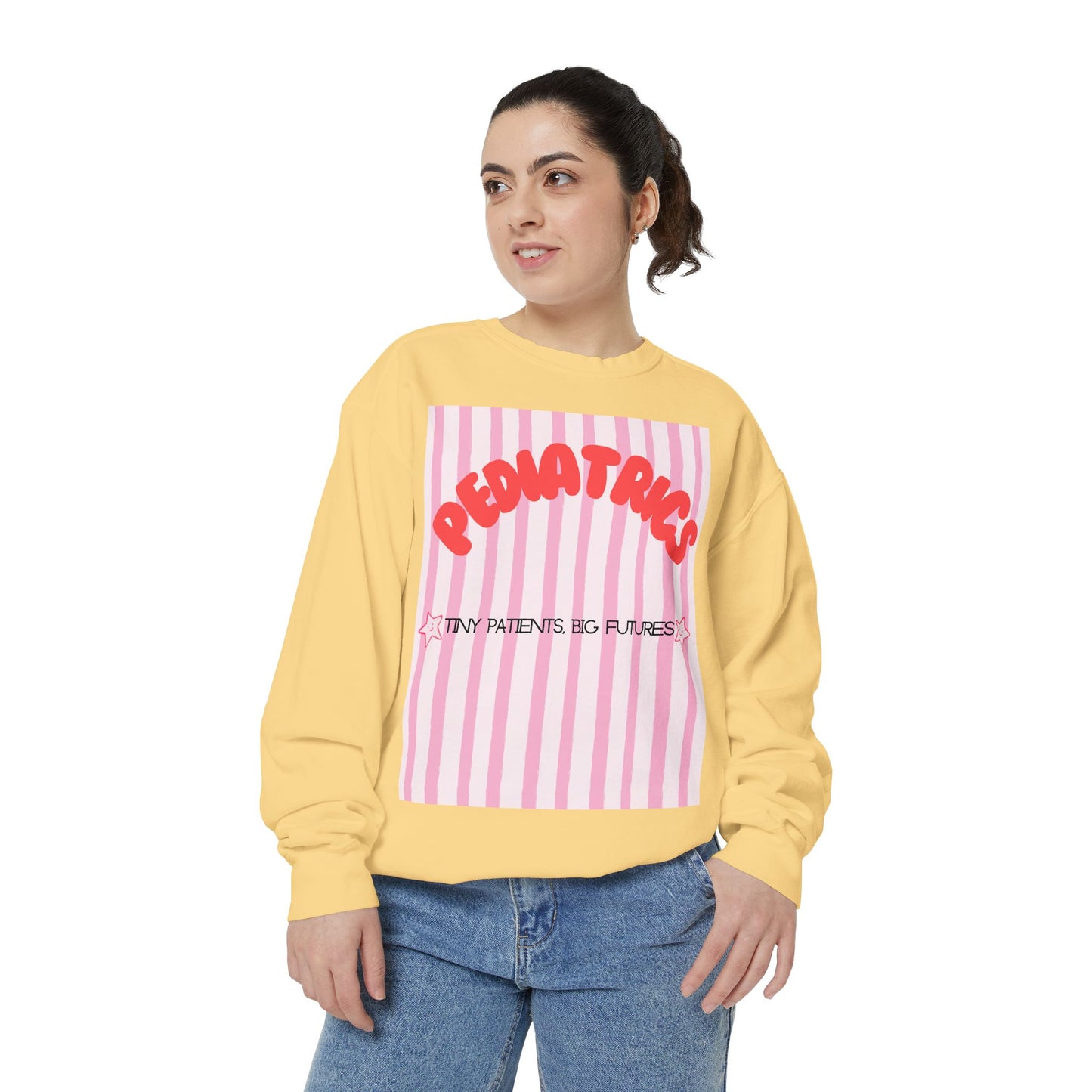 Pediatrics Sweatshirt — "Tiny Patients, Big Futures" Pink Stripe Crewneck