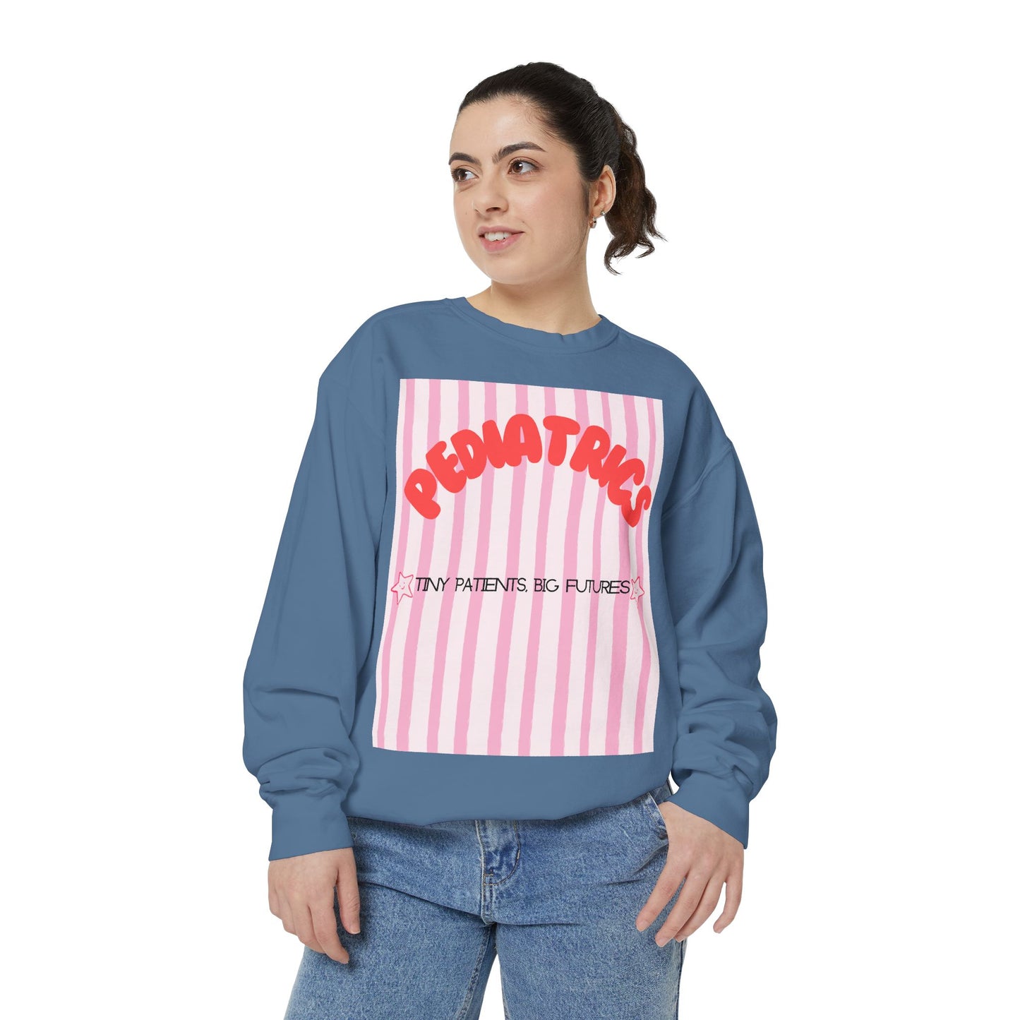 Pediatrics Sweatshirt — "Tiny Patients, Big Futures" Pink Stripe Crewneck