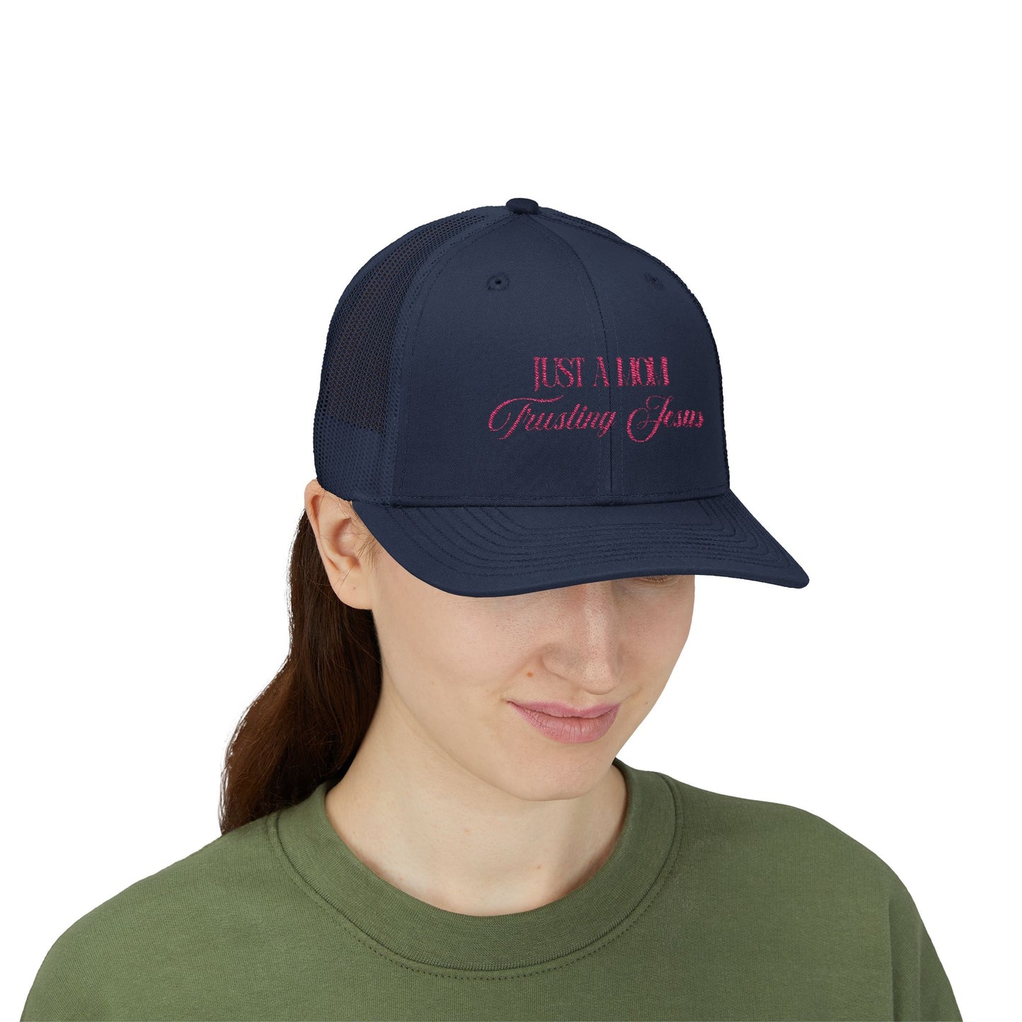 Trucker Cap — “Just a Mom Trusting Jesus” Embroidered Faith Snapback
