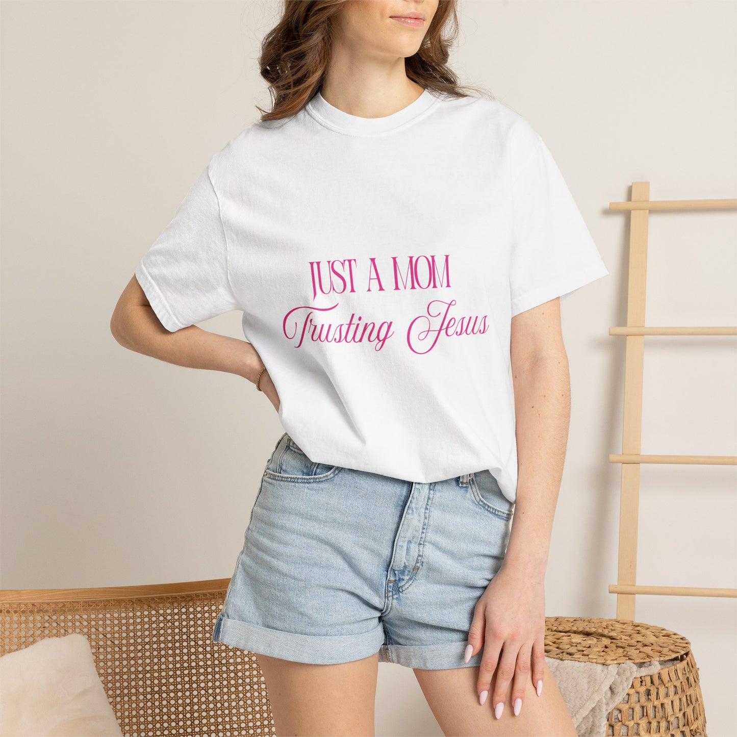 Religious T-Shirt - "Just A Mom Trusting Jesus" Pink Script Faith Tee